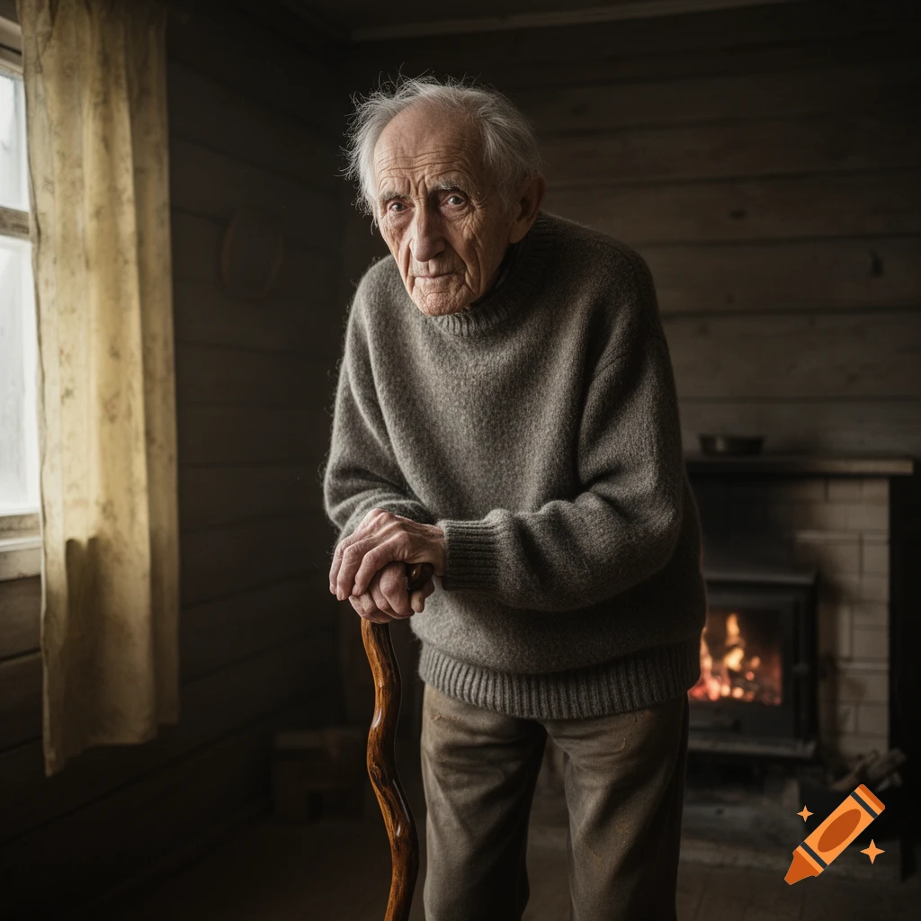 A photorealistic portrait of a grey-haired old man, leaning on a knotted cane, in a rustic room with a window and a fireplace.