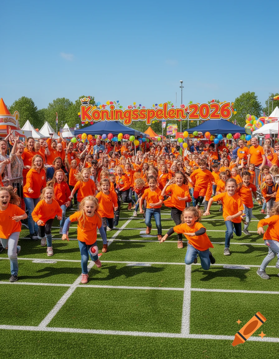 A large group of happy children in orange shirts run on a green field at an outdoor event with a large 'Koningsspelen 2026' sign in the background.