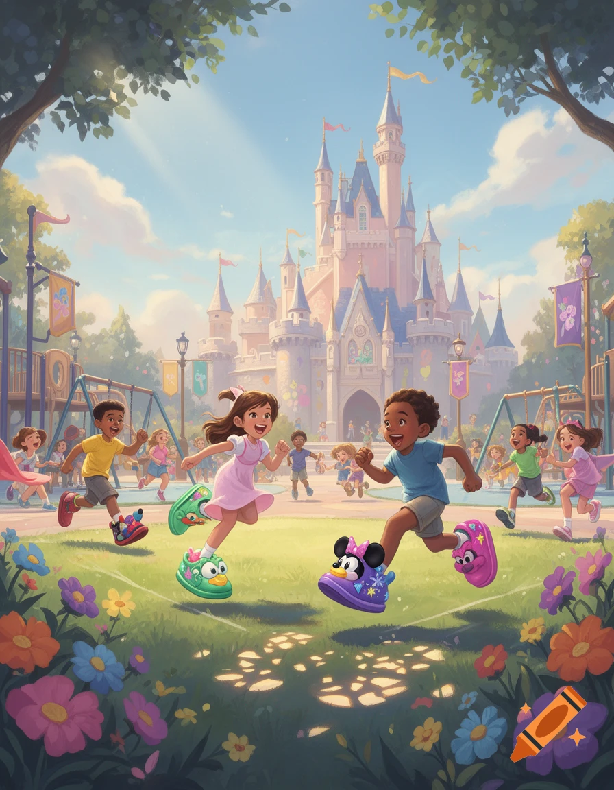 Cartoon illustration of diverse children playing in a park with a large pink castle in the background. Two children run in the foreground wearing large character shoes.