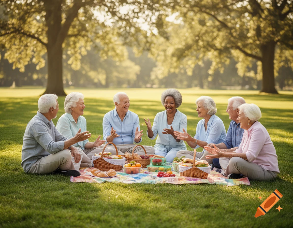 A diverse group of happy seniors enjoying a picnic on a sunny grassy field under trees.