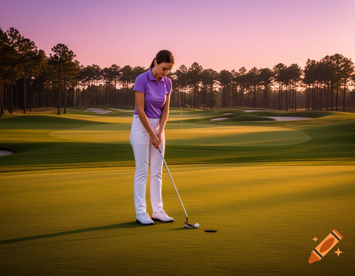 A female golfer in a purple shirt and white pants putts on a lush green golf course with pine trees under a vibrant sunset sky.
