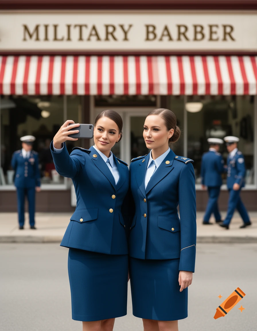 Two women in blue military-style uniforms take a selfie in front of a Military Barber shop.