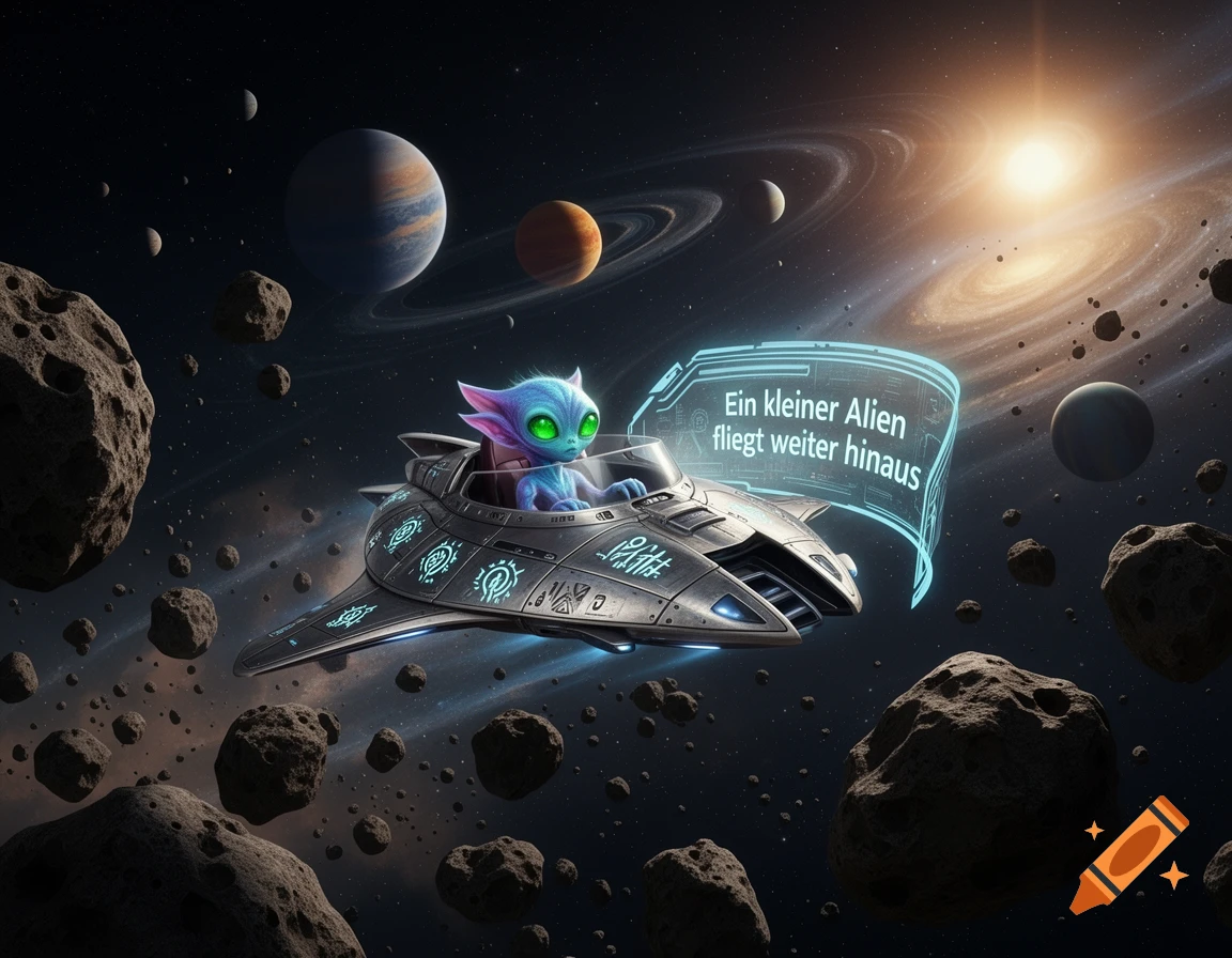 A cute alien in a spaceship flies through an asteroid field with planets and a star in the background, displaying text on a holographic screen.