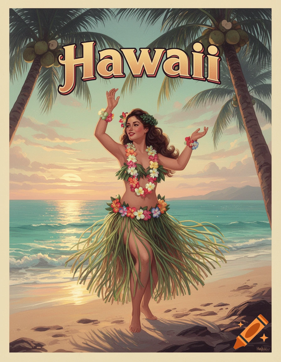 Vintage poster of a hula dancer on a Hawaiian palm beach at sunset, with 'Hawaii' text above.