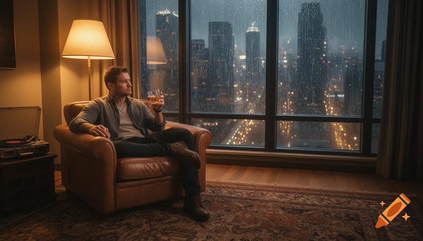 A man sits in a leather armchair in a cozy apartment, holding a glass of whiskey and looking out at a rainy city skyline at night.