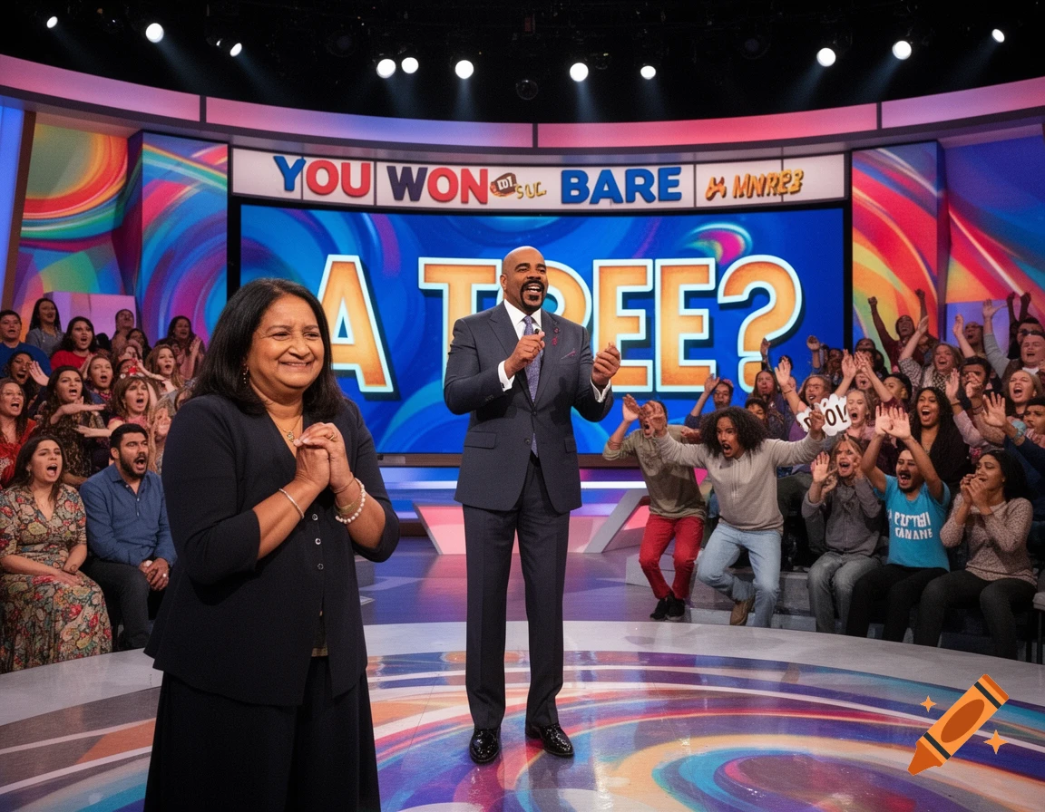 Steve Harvey on a brightly lit game show stage with a female contestant and an enthusiastic audience. The screen displays 'YOU WON A TREE?'
