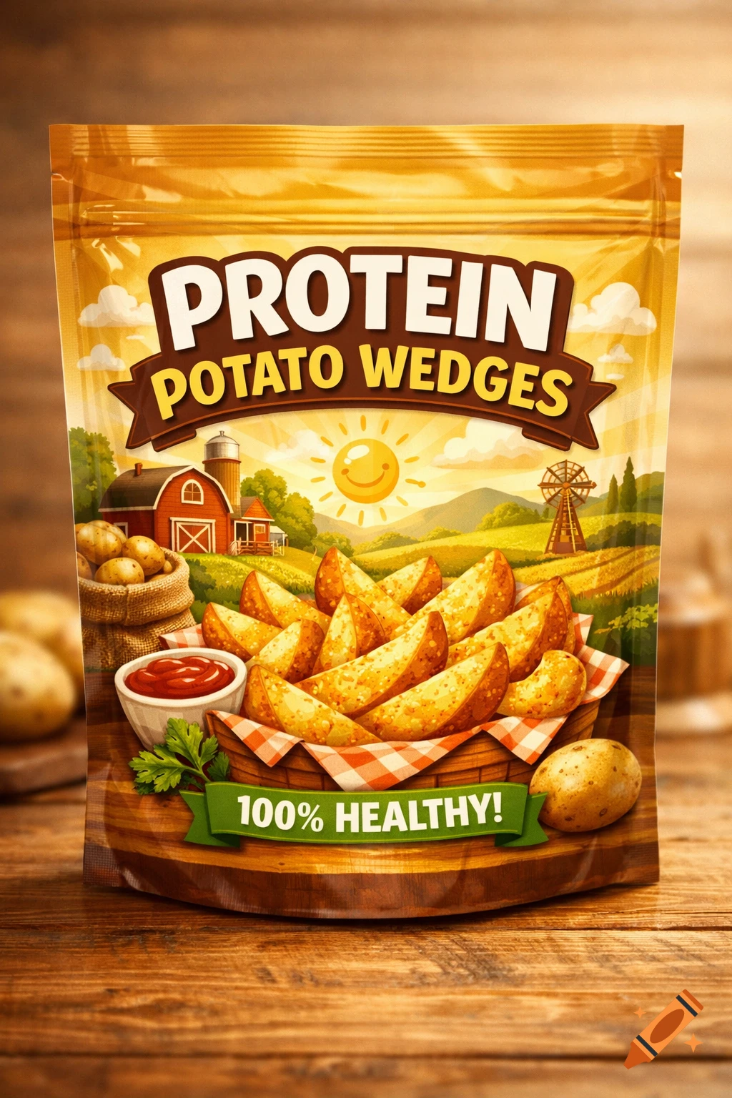 A bright, stylized food package for 'PROTEIN POTATO WEDGES' featuring a basket of wedges, a farm, and a smiling sun on a wooden table.