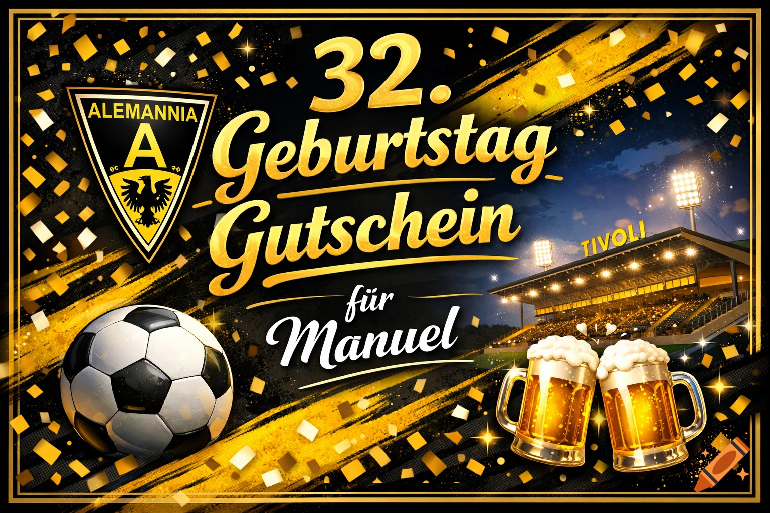 A dark and golden birthday voucher for Manuel's 32nd, featuring a football, two beer mugs, a stadium, Alemannia logo, and confetti.