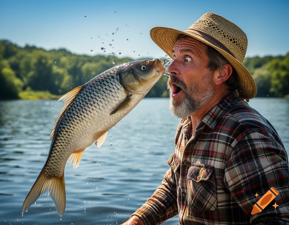 A surprised man in a straw hat and plaid shirt gets splashed in the face by a jumping fish on a sunny lake.