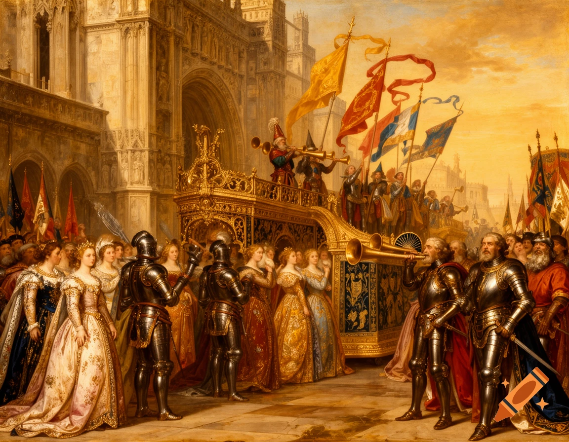 A detailed historical oil painting depicts a medieval court procession with knights, ladies, and trumpeters before grand architecture.