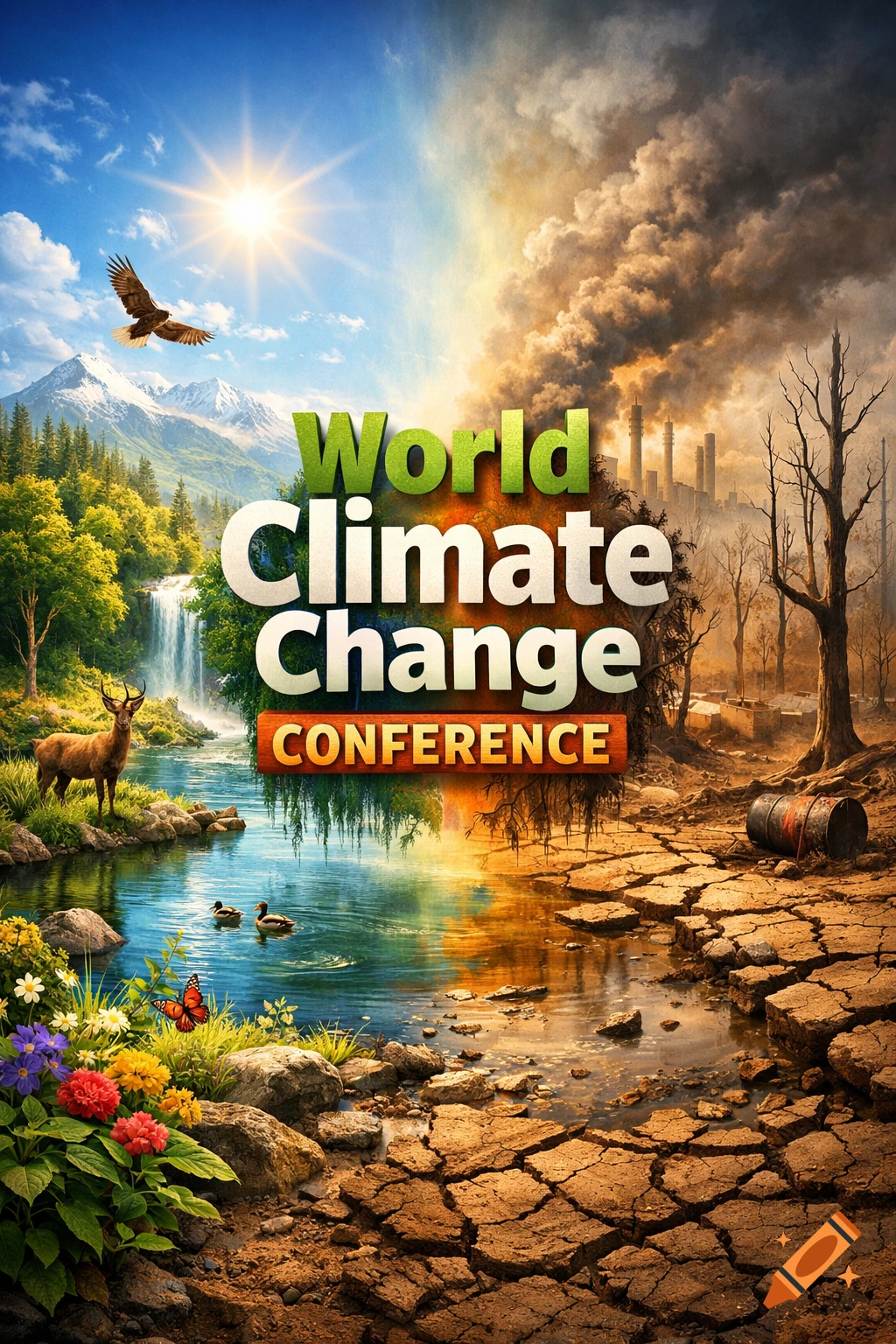 A poster split between a lush natural landscape and a polluted wasteland, with 'World Climate Change CONFERENCE' text.