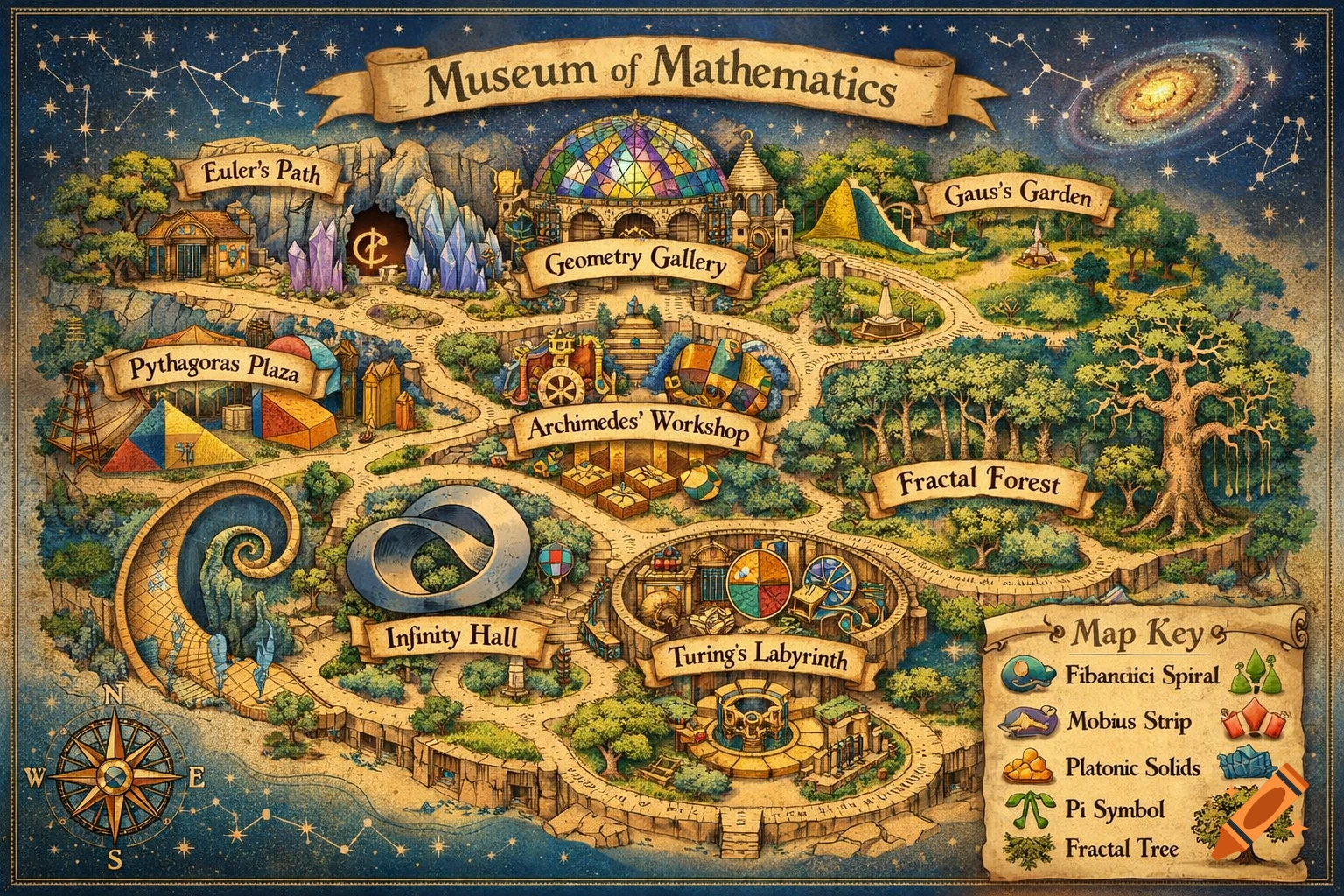 A detailed, illustrative fantasy map of the 'Museum of Mathematics' with themed areas like Euler's Path, Geometry Gallery, and Fractal Forest.