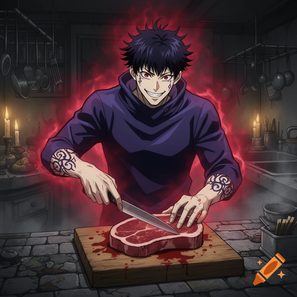 An anime character with black spiky hair, red eyes, and a menacing smile, surrounded by a red aura, cuts a raw steak in a dark kitchen.
