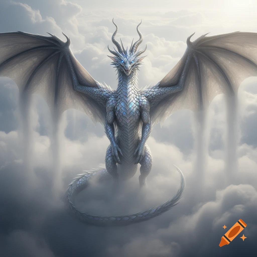 A powerful white dragon with glowing blue eyes and large wings stands ...