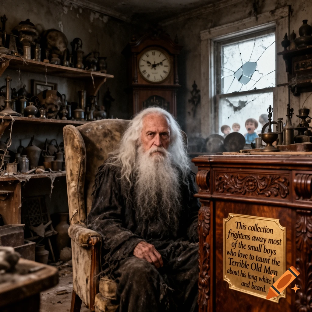 A stern, long-bearded old man sits in a dark, cluttered room. Children peer through a broken window, and a plaque reads about the "Terrible Old Man".