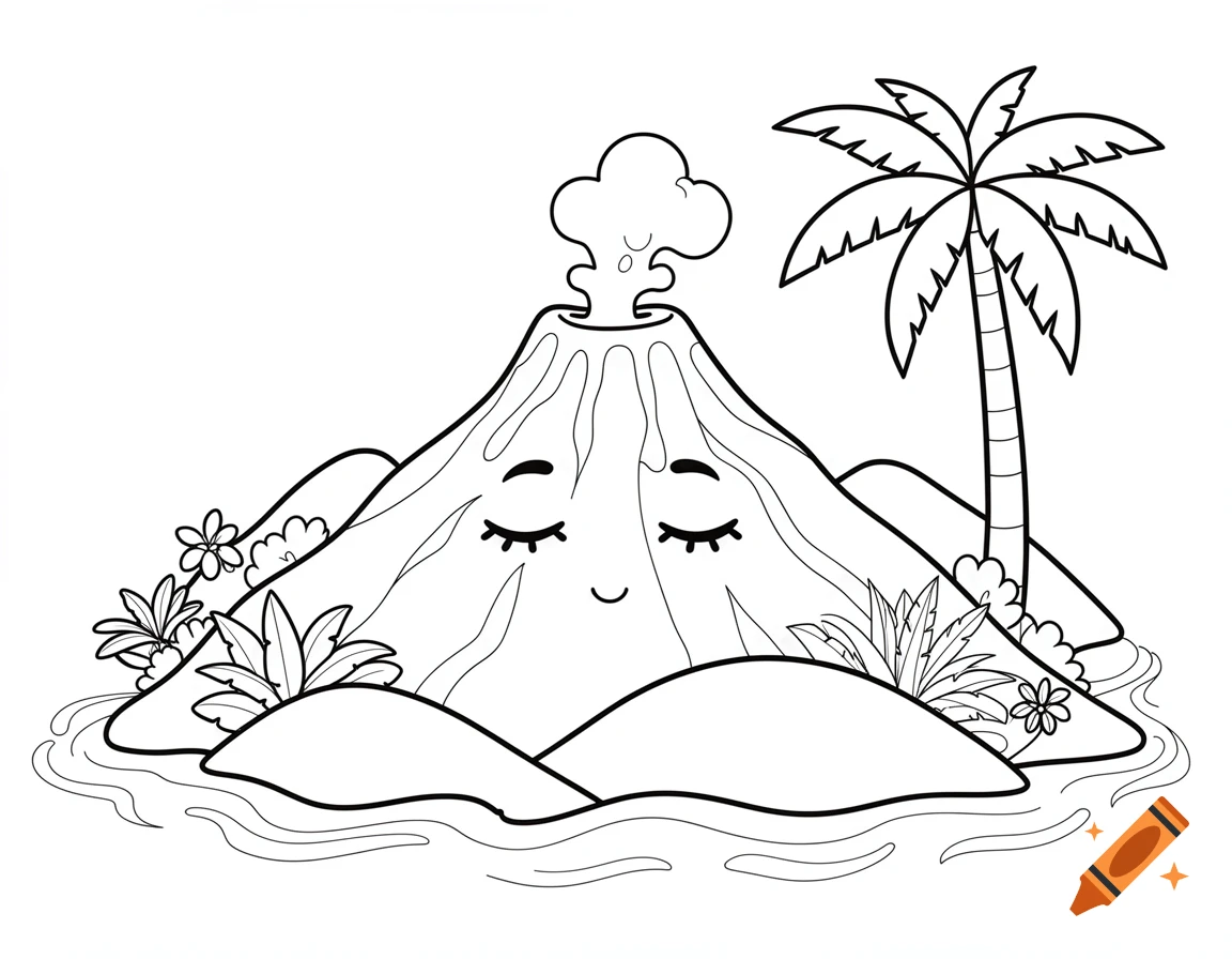 A simple black and white coloring book illustration of a sleeping cartoon volcano on an island with a palm tree.