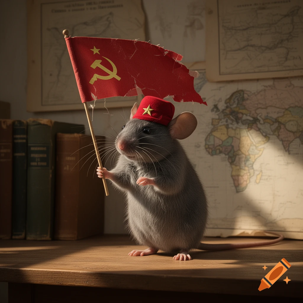 A photorealistic gray mouse wearing a red fez with a gold star, holding a tattered red communist flag, standing on a wooden table.