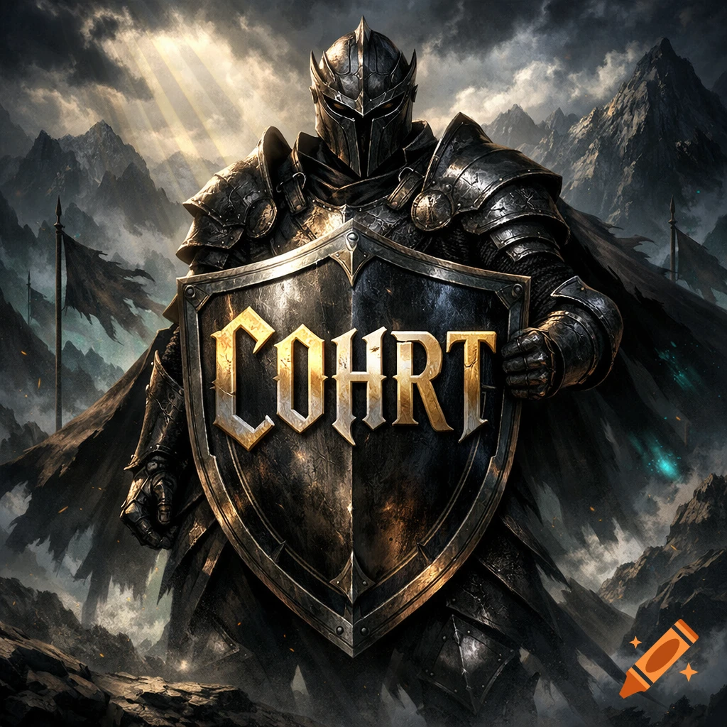 A dark fantasy knight in black armor holds a shield with "C0HRT" inscribed, against mountains and light rays.