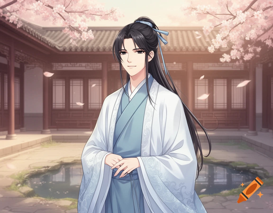 An anime-style male character in traditional Hanfu attire stands smiling in an ancient Chinese courtyard with cherry blossoms.