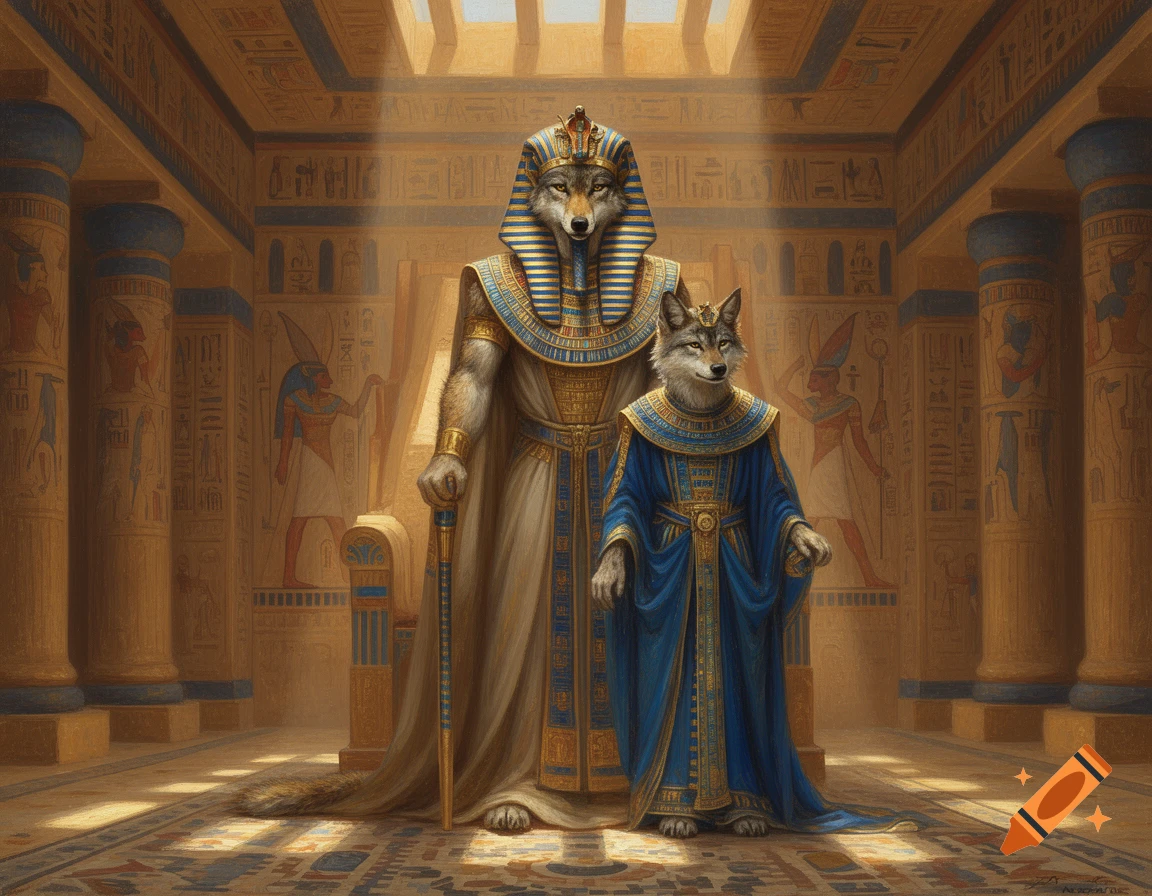 An oil painting of two anthropomorphic wolves dressed as Egyptian pharaohs in a hieroglyph-filled temple.