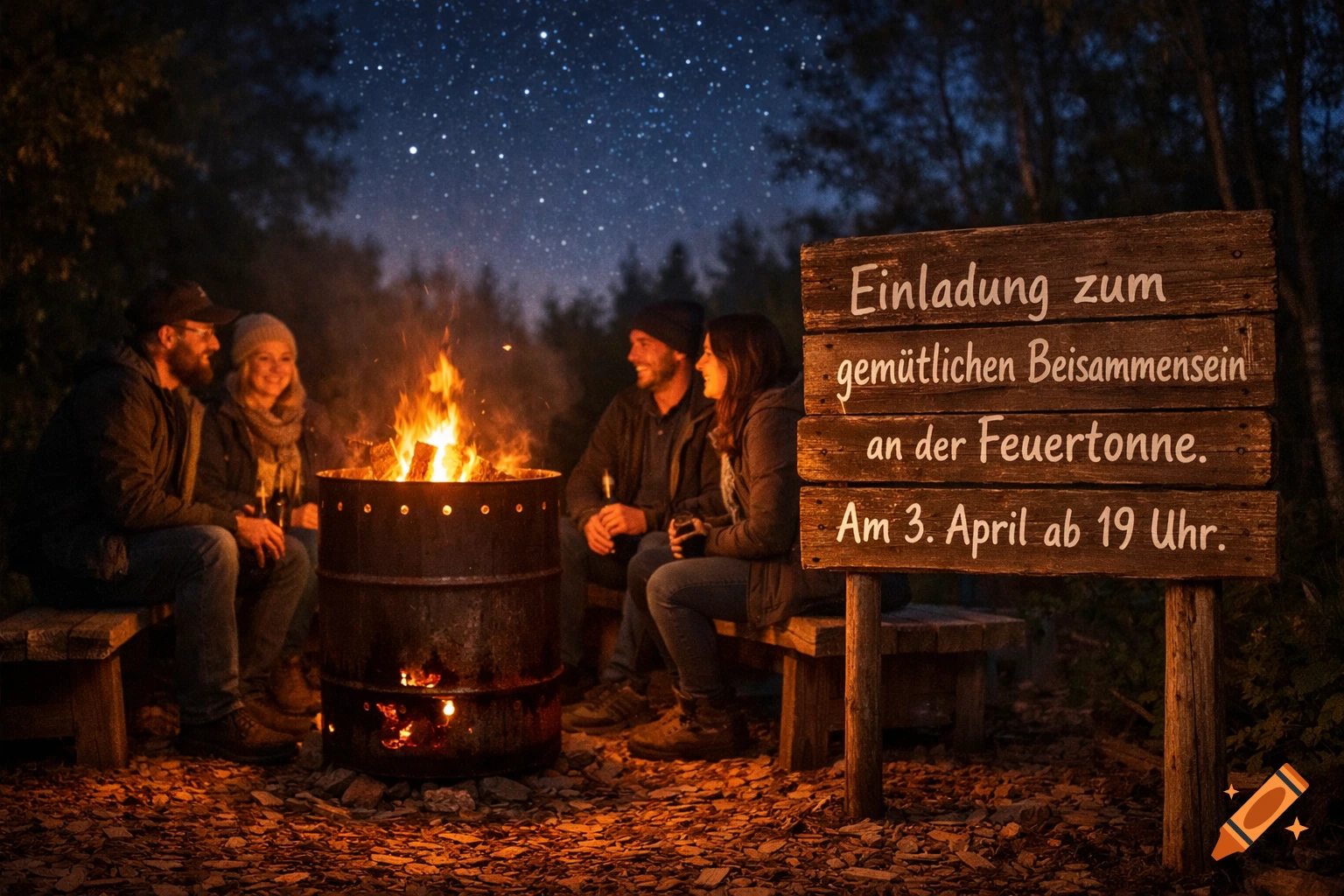 Four friends gather around a burning fire barrel under a starry night sky, next to a wooden sign.