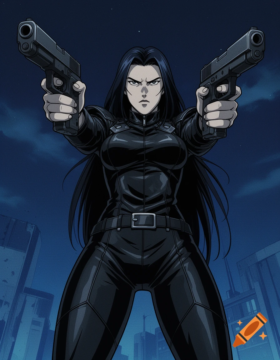Anime woman in black leather, long black hair, aiming two pistols forward with a stern expression, against a dark city skyline.