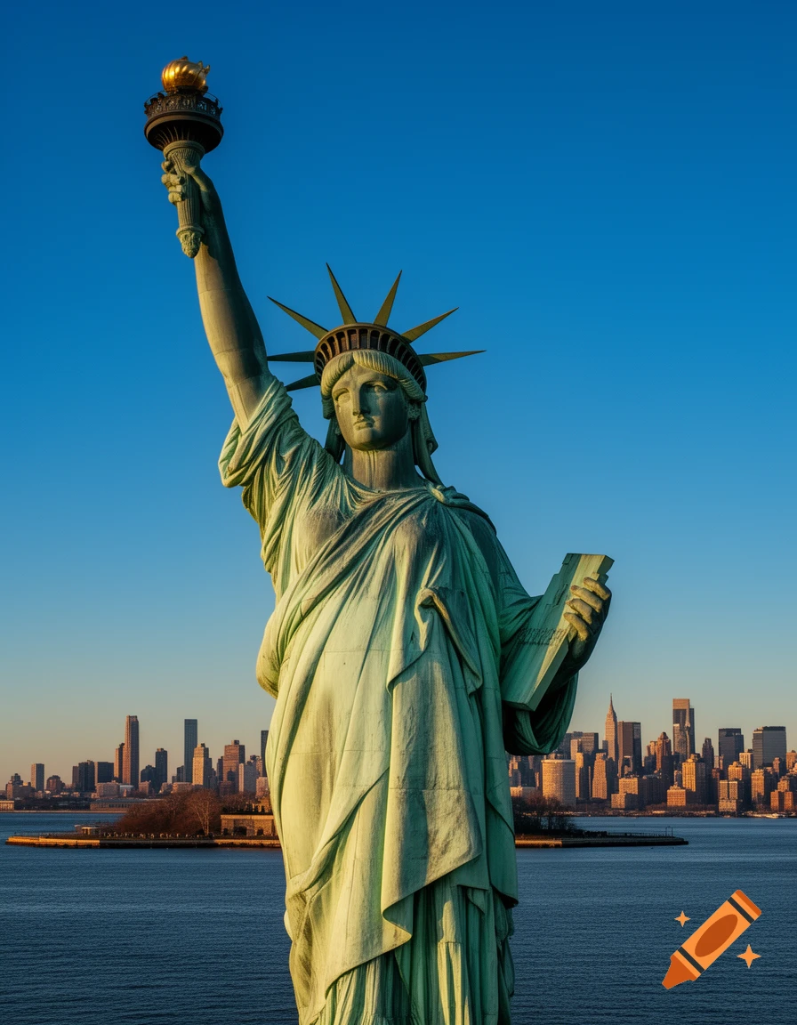Photorealistic image of the Statue of Liberty holding a torch, with the New York City skyline in the background under a blue sky.