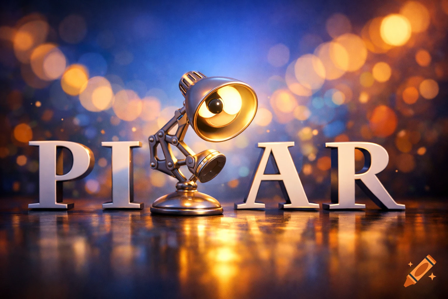 The Pixar lamp logo with 'PI' and 'AR' on a reflective dark surface, against a blurred, bokeh-filled blue and orange background.
