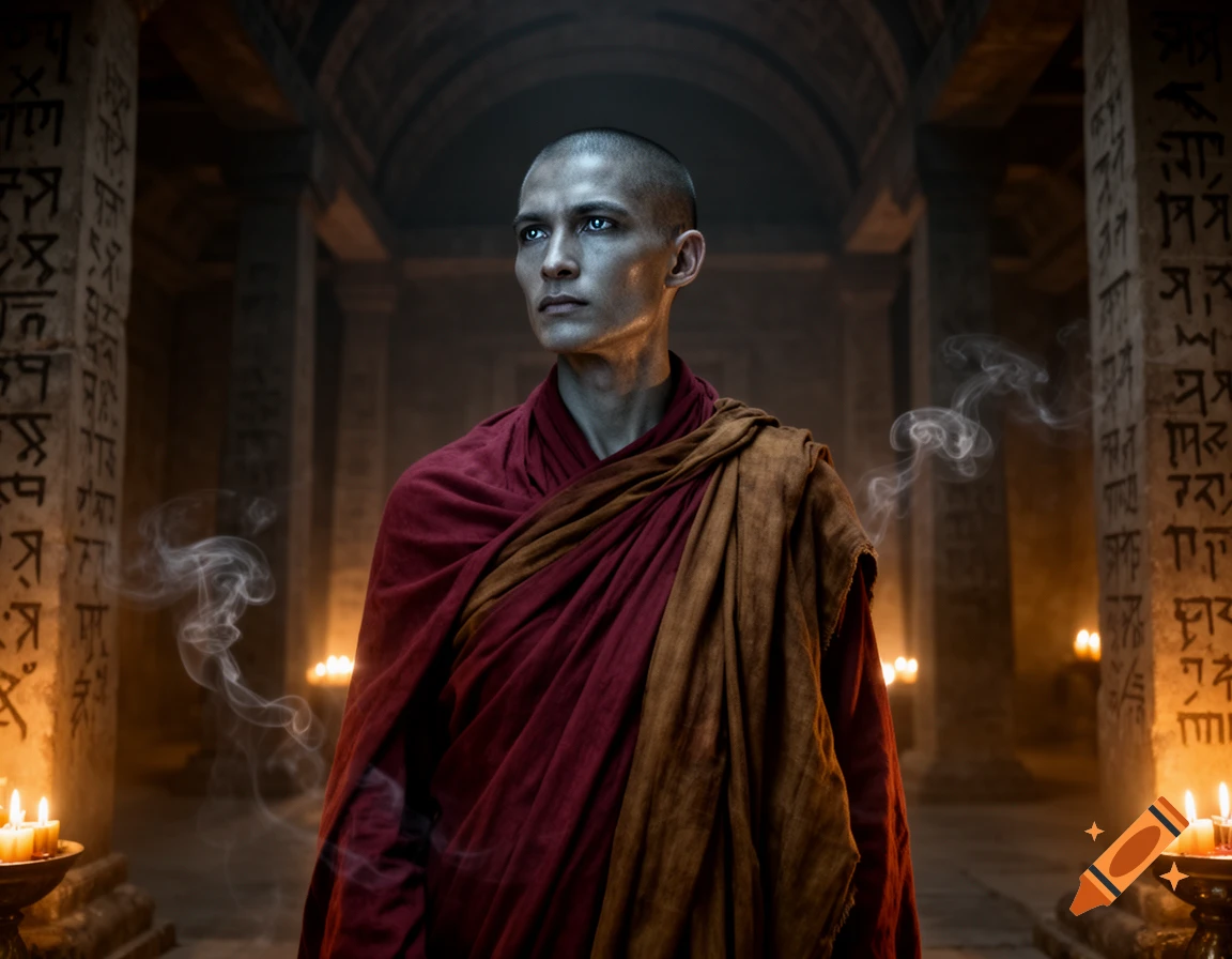 A bald man in red and brown monk robes with pale skin and glowing blue eyes stands in a dimly lit stone chamber with ancient symbols on pillars.