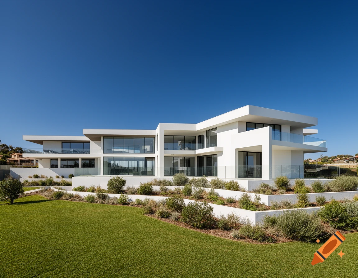 A large, modern white villa with extensive glass windows and balconies, set amidst a terraced garden with green lawn and shrubs, under a clear blue sky.