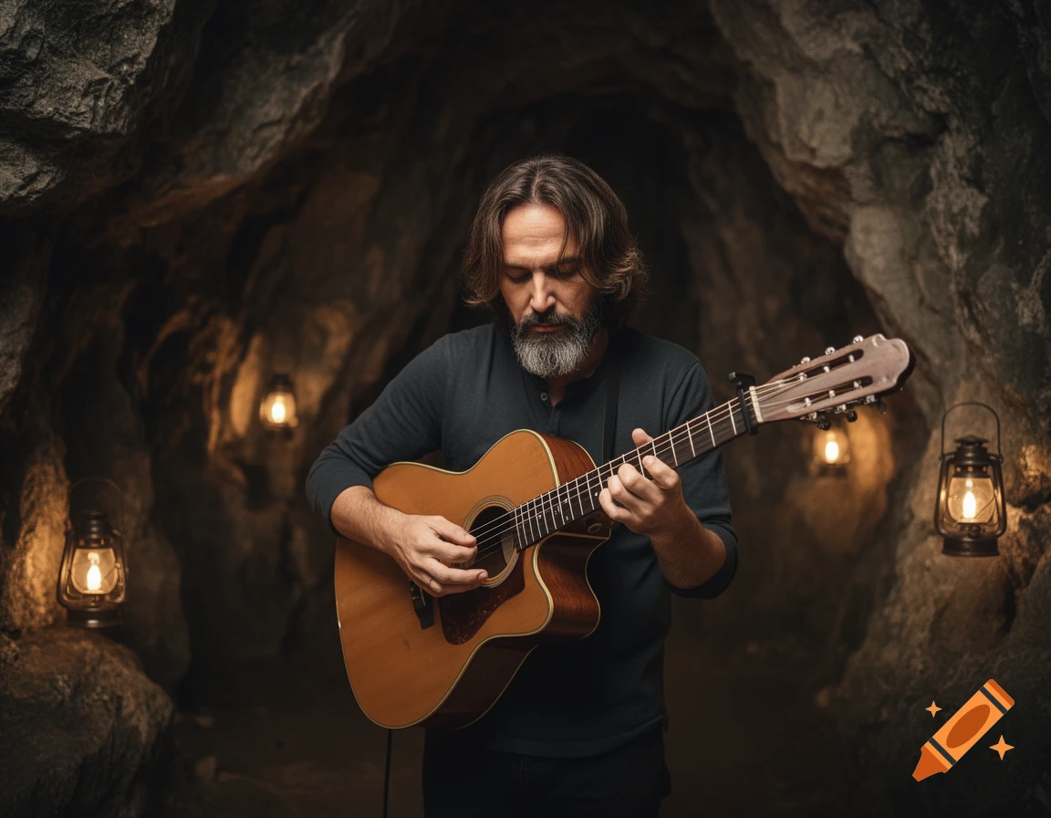 A bearded man plays an acoustic guitar inside a dimly lit cave, illuminated by lanterns.