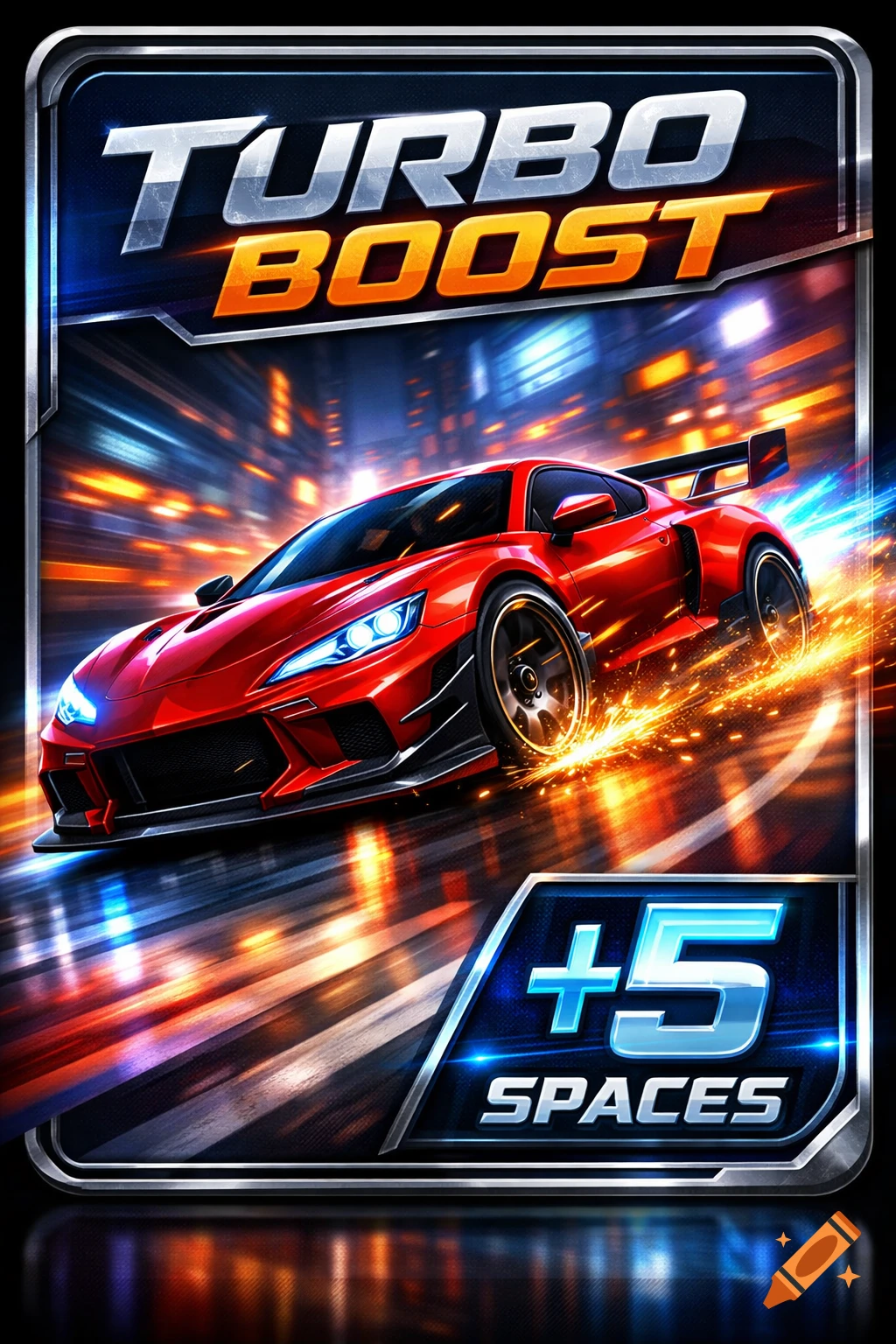 A vibrant, stylized racing board game card features a red sports car speeding through a neon city. 'TURBO BOOST' is at the top, '+5 SPACES' at the bottom.