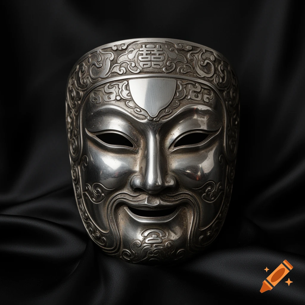 A shiny silver traditional ancient Chinese mask with intricate carvings, a smiling face, and a double happiness symbol on the forehead, resting on black silk.