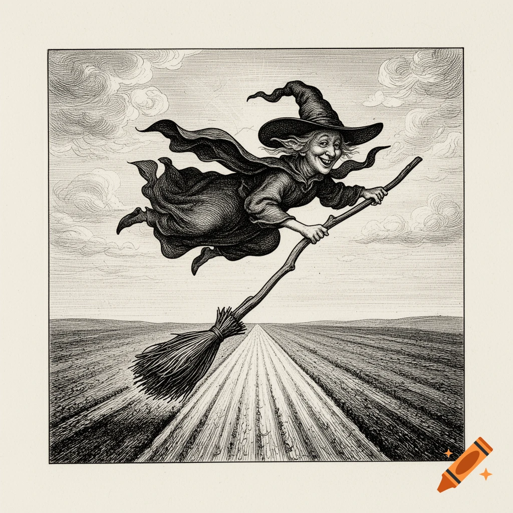 A happy witch flies on a broomstick, leaving a furrow in the ground below, rendered in a black and white engraving style.