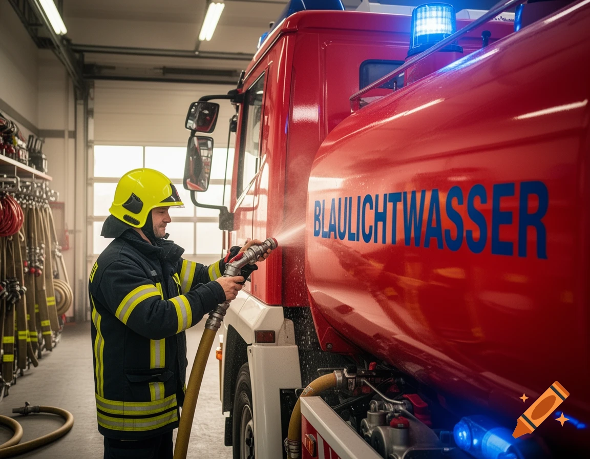 A firefighter in a yellow helmet sprays water onto a red fire truck with 'BLAULICHTWASSER' on its tank, inside a fire station.