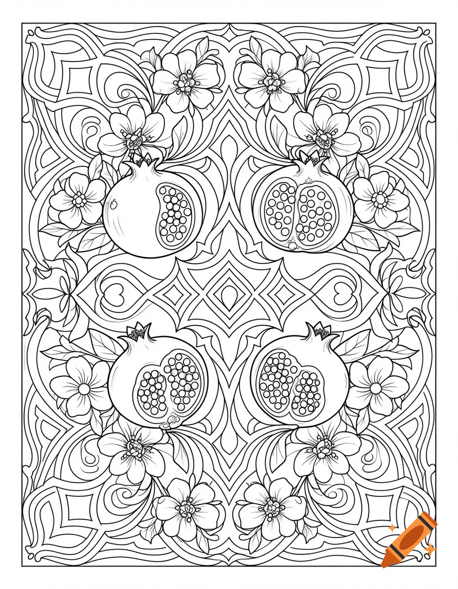Black and white coloring page with four pomegranates, some cut open, amidst intricate floral and geometric patterns.
