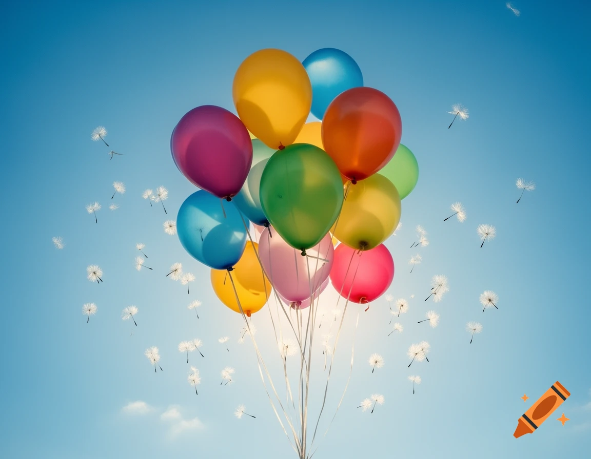 A vibrant cluster of multicolored balloons floats against a bright blue sky, surrounded by delicate white dandelion seeds.