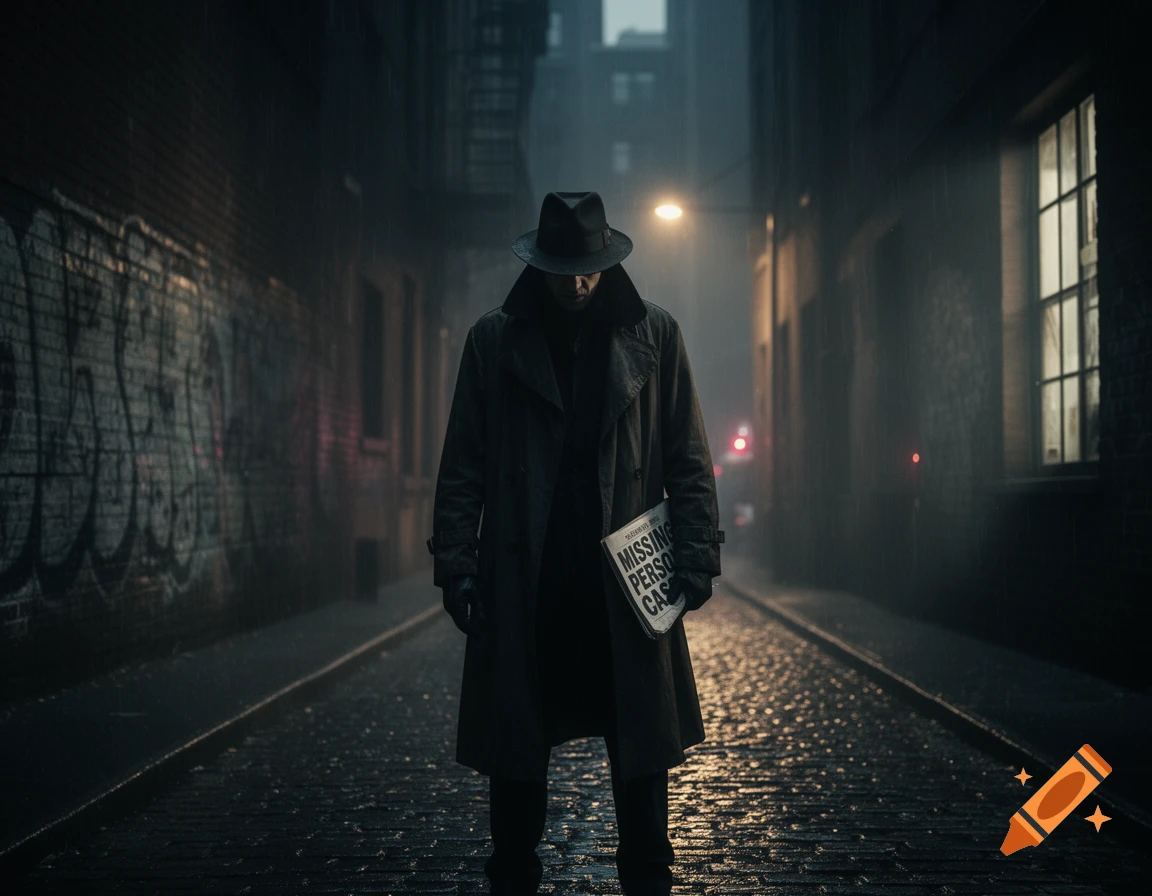 A figure in a fedora and trench coat holds a newspaper in a dark, rainy alley, illuminated by a streetlamp.