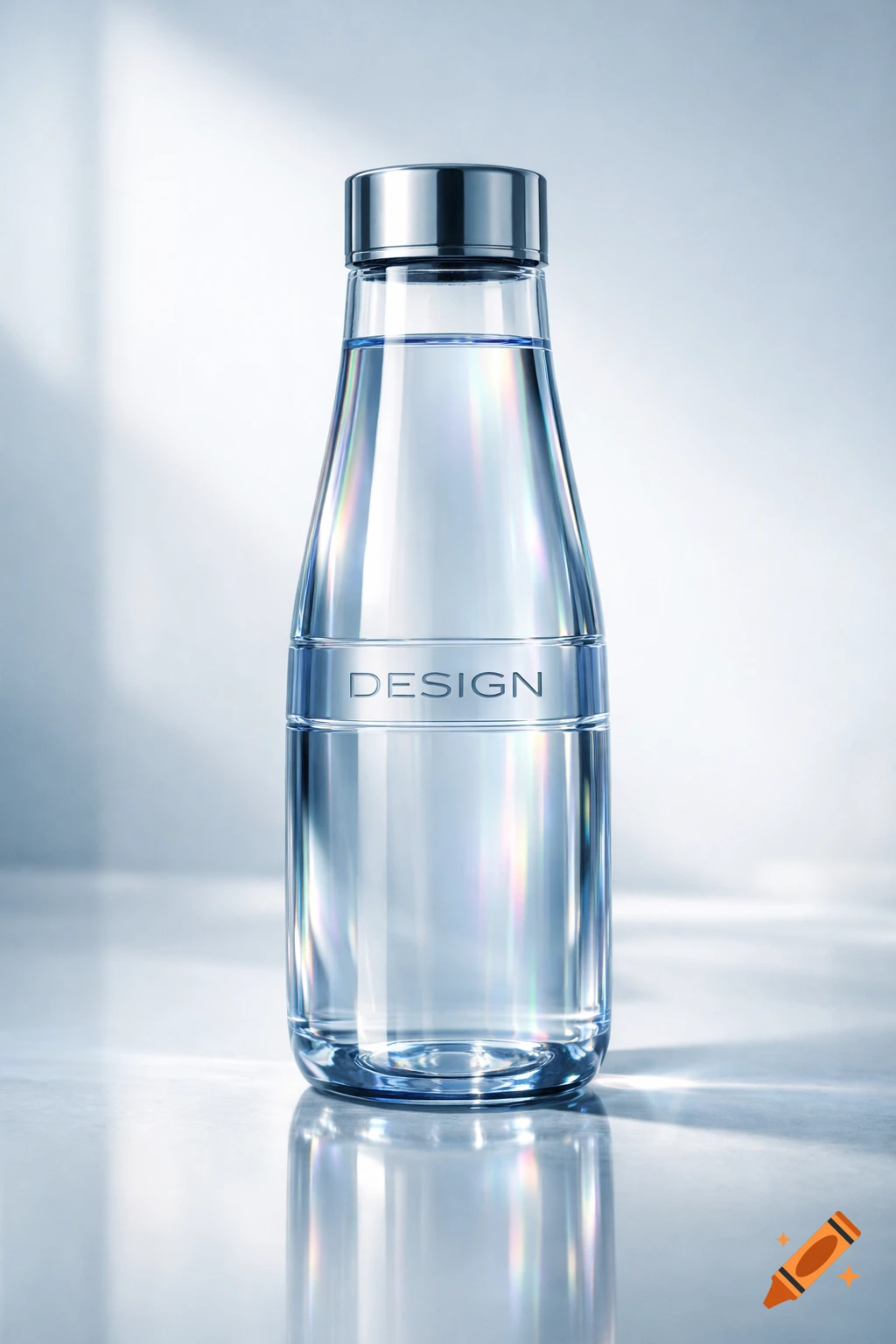 Photorealistic image of a clear glass water bottle with a silver cap and "DESIGN" text, on a reflective surface.