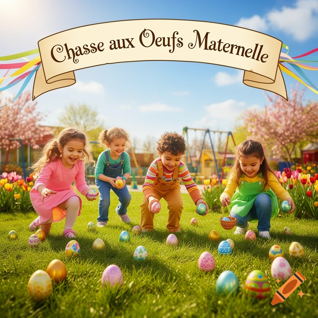 Four happy children on a sunny Easter egg hunt in a park with a banner that reads 'Chasse aux Oeufs Maternelle'.