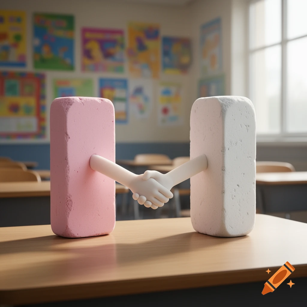 A pink eraser and a white eraser with cartoon-like arms shake hands across a wooden desk in a blurry classroom.