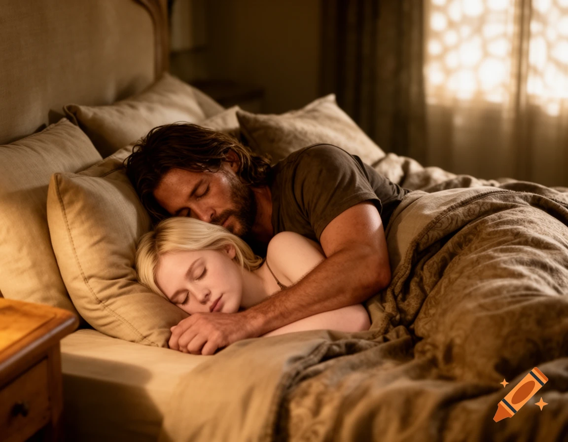A man with long hair and a blond woman sleep soundly in a bed, with the man hugging the woman.