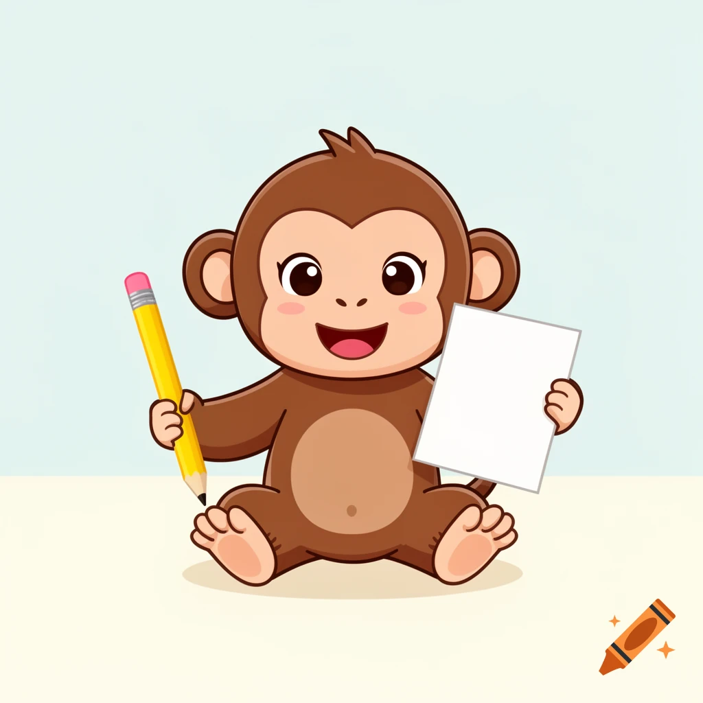 A cute cartoon monkey holding a yellow pencil and a blank white piece of paper.