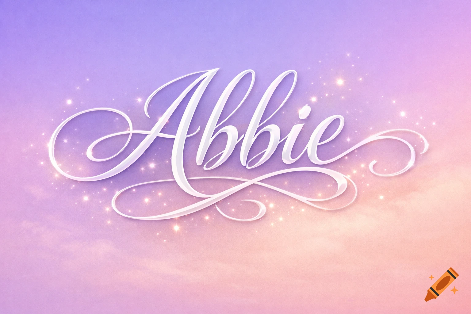 The name Abbie in elegant white script with sparkly accents on a pastel pink and purple gradient background.