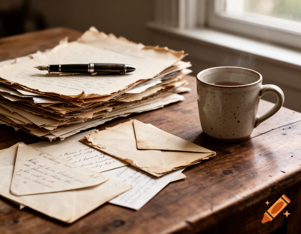 A close-up still life photograph of old, worn letters, a fountain pen, and a steaming mug on a wooden table near a window.