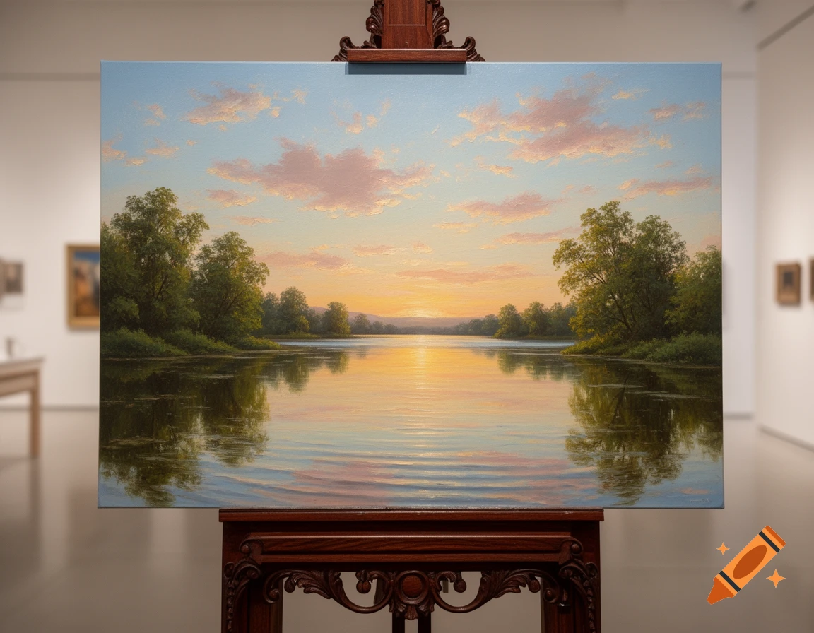 A landscape painting on a wooden easel in an art gallery, showing a tranquil river at sunset with lush trees and reflections.