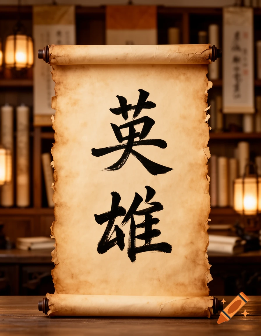 An old, unrolled scroll displays two large black Chinese calligraphy characters for 'hero', set against a blurred traditional library background.