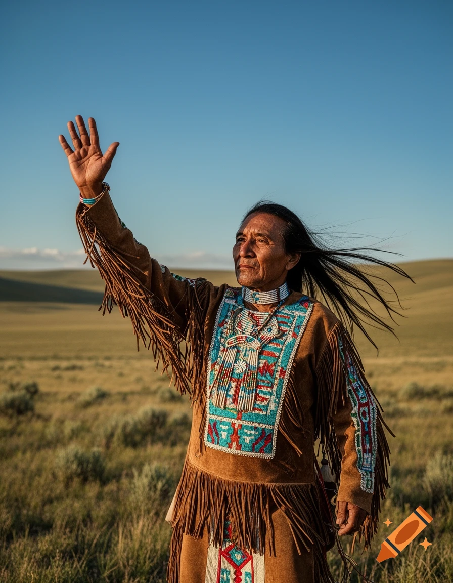 A man in traditional Indigenous attire raises his hand in a greeting, standing in a vast grassy field under a clear blue sky.