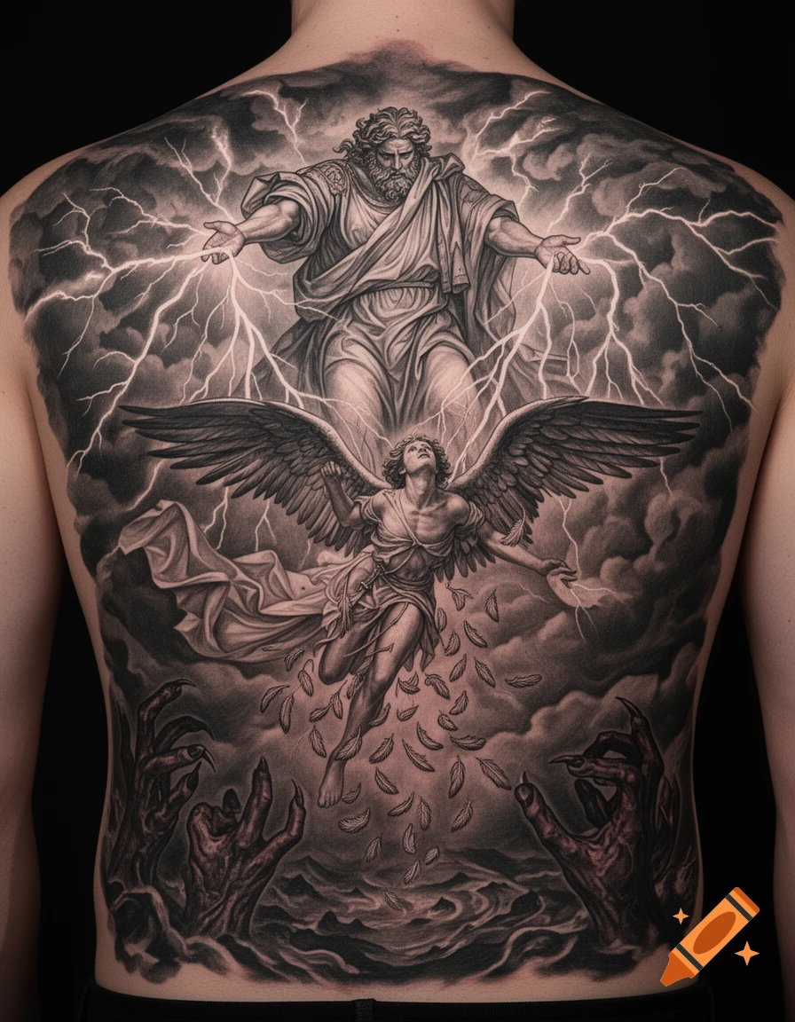 A dramatic black and white back tattoo depicting Zeus striking a fallen angel losing feathers, with infernal hands emerging from waves below.