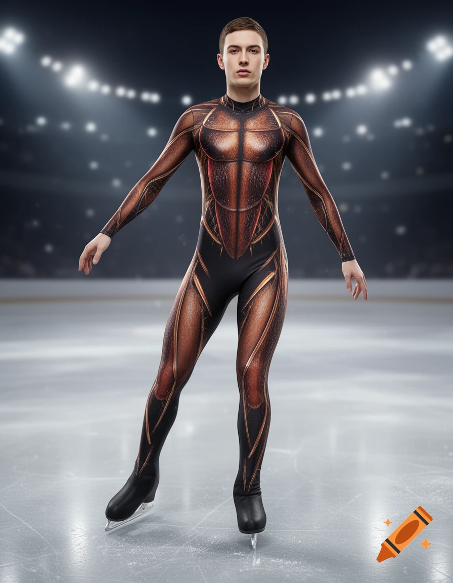 A male figure skater in a brown and black cockroach-themed suit on an ice rink, with stadium lights in the background.